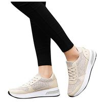 Cenglings Women's Casual Sequins Rivets Platform Shoes Solid Color Lace Up Sneakers Running Shoes Trend Wild Casual Sports Shoes(Gold,38)