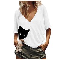 Ros1ock Women's Blouse Solid Color Printed Cat Half Sleeve T- Shirts V-Neck Casual Pullover Tunics White