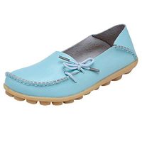 Hotkey Women's Leather Loafers Slip On Flats Casual Round Toe Moccasins Wild Breathable Driving Soft Shoes Walking Flat Light Blue