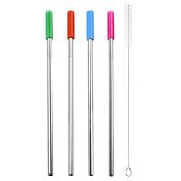 Sikye 4 Pcs Long Stainless Steel Drinking Straws with Silicone Cap + 1Pcs Cleaning Brushes - Dishwasher Safe