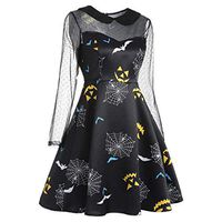 Veodhekai Women Halloween Print Lace Dress Patchwork O-Neck Long Sleeve Dress Elegant OL Work Dress Black