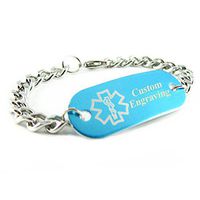My Identity Doctor - Custom Engraved Medical ID Bracelet - Aluminum, Steel Curb Chain - Blue - Wrist Size 5.25 Inch