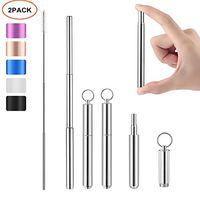 Reusable Portable Collapsible Straws, Telescopic Metal Straws Stainless Steel Drinking Straws with Aluminum Case & Cleaning Brush (Silver-2pcs)