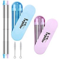 Tegutor 2 Pack Telescopic Collapsible Reusable Straws Stainless Steel Folding Metal Portable Retractable Straws with Case & Cleaning Brush for Travel, Household, Office (Blue & Purple)