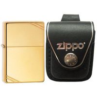 Zippo 270 Vintage High Polish Brass Slashes Windproof Lighter with Zippo Black Leather Loop Pouch