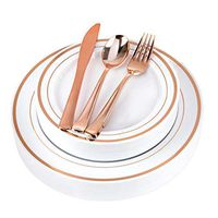 Fancy Disposable Plates with Rose Gold Plastic Silverware - 125 Piece Plastic Party Plates and Cutlery for Wedding, Party, Baby Shower, Birthday, Holiday - Service for 25 Guests (Rose Gold)