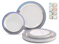 " OCCASIONS" 240 Plates Pack,(120 Guests) Heavyweight Premium Disposable Plastic Plates Set -120 x 10.5'' Dinner + 120 x 7.5'' Salad/Dessert (Louvre Blue/Gold)