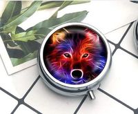 Compact 3 Compartment Medicine Case, Pill Box for Pocket or Purse Pill Box Decorative Pill Case with Gift Box Fractal Wolf Dog