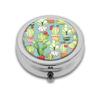Pill Box,Cacti in Pots On Turquoise Pill Organizer with 3 Compartments Silver 2.1 Inches Portable Vitamin Pill Case for Pocket Purse