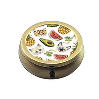 Pill Box Case Round Bronze Weekly Pill Organizers Case Decorative Boxes- Custom Fashion Style Bronze Pill Box Case for Purse- 3 Compartments Pill Box/Pill Case Pocket (Cat Pineapple Watermelon)