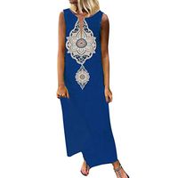 WENOVL Summer Dresses for Women,Women Sleeveless Print V-Neck Side Slit Bohemian Dresses Shift Boho Maxi Dress Blue
