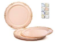 " OCCASIONS" 40 Plates Pack, Disposable Vintage Wedding Party Plastic Plates (10'' Dinner Plate, Verona in Blush & Gold)