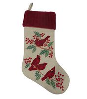 Festive Mistletoe & Christmas Cardinals Stocking - 19" H, 8" W, Red Cuff, Tan Boot, Soft, Knitted, Attached Hanging Loop