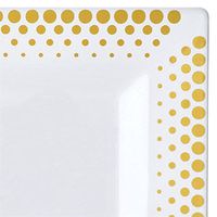 Tableclothsfactory 50 Pcs - White with Gold 8" Square Disposable Plastic Plate - Hot Dots Collection