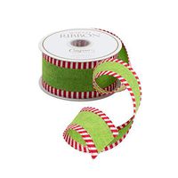 Caspari Green Linen Striped Border Wired Ribbon - 18 Foot Spool