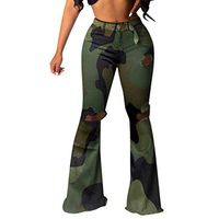 Buedvo Women Plus Size High Waist Camouflage Print Broken Button Buttoned Flare Pants Jeans Bottom Hole Distressed Ripped Casual Denim Pants Flares Wide Leg Pants (L2)