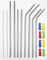 18 Piece Stainless Steel Tumbler Straw and Silicone Tips Set: 4 - Ultra Long 10.5'' and 4-9" Drinking Metal Straws for 20, 30 oz Tumblers (4 Straight + 4 Bent + 2 Brushes + 8 Silicone Tips)