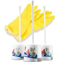 3 Pack toilet bowl brush set with holder - portable self standing basic white set with flexible handle & soft nylon bristles; Discreet and slim - Fits well - Eco friendly with free cleaning gloves