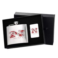 Nebraska Red Camouflage Stainless Steel Liquor Shot Flask Flip Top Silver Lighter Gift Set