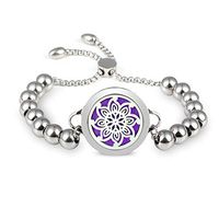 Lademayh Aromatherapy Diffuser Stainless Steel Beads Bracelet for Essential Oils, Bauhinia Pattern Adjustable Bracelets for Women, 25mm Diffuser Locket with 12 Colors Felt Pads