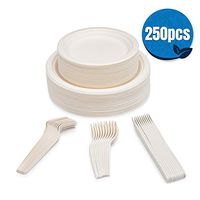 SevenT2 250Pcs Compostable paper plates, Biodegradable, Disposable, Heavy duty, Recycled paper plates, eco-friendly disposable utensils, Dinner Plates, Dessert Plates, Forks, Knives & Spoons (50 Each)