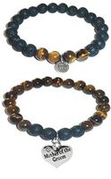 Hidden Hollow Beads Charm Tigers Eye and Black Lava Natural Stone Women's Yoga Beaded Stretch Bracelet Set. Comes in A Gift Box! (Mother of The Groom)
