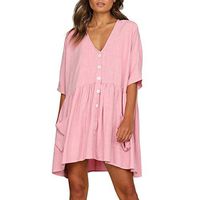 JQjian Women Solid Loose V-Neck Ladies Fashion Casual Half Sleeve Summer Button Pocket Mini Dress (S, Pink)