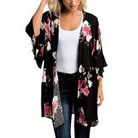 FRCOLT Feitong Spring Women's Shawl Floral Print Kimono Cardigan Top Cover Up Beachwear (L, Black)