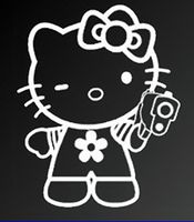 HELLO KITTY w/ HAND GUN SANRIO LOGO VINYL STICKERS SYMBOL 5.5" DECORATIVE DIE CUT DECAL FOR CARS TABLETS LAPTOPS SKATEBOARD - WHITE