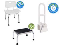 Vaunn Medical Shower Seat with Removable Back, Bathtub Safety Rail Grab Bar and Foot Step Stool Bundle