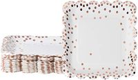 Rose Gold Paper Plates - 48-Pack Disposable 9-Inch Square Scalloped Plates with Rose Gold Foil Polka Dot Confetti, For Cake, Appetizer, Lunch, Dessert, Elegant Party Supplies