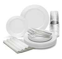 " OCCASIONS" 200pcs set (25 Guests)-Heavyweight Wedding Party Disposable Plastic Plate Set -25 x 10.5'' + 25 x 7.5'' +Silverware+Cups+linen like paper Napkins (Plain white plates)