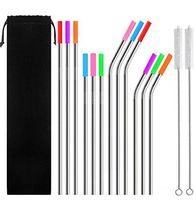 Reusable Stainless Steel Metal Straws of 8.5" & 10.5" Ultra Long with Cleaning Brush and Silicone Tips for 32oz/30oz/20oz tumblers YETI (12 Straws,12 Silicone Tips,2 Cleaning Brush & 1 Travel Case)