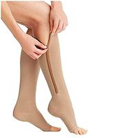 (2 Pairs) Compression Socks, New Compression Zip Sox Socks Stretchy Zipper Leg Support Unisex Open Toe Knee Stockings (Beige, L/XL)