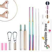 2 PACK Reusable Collapsible Straws, 9.25'' Rainbow Portable Stainless Steel Metal Straws, Telescopic Drinking Straws with Gold & Silver Case Keychain Cleaning Brush Silicone Tips -Best Christmas Gifts