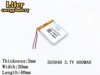 V600mAh 503040 Lithium Polymer Ion Rechargeable Battery Lithium Polymer Li-Po Battery for MP4 GPS MP3 Bluetooth Stereo DIY Gift