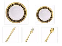 Royal Collection White w/Black and Gold Royal Border 10.25" Dinner Plates + 7.25" Salad Plates + Gold Plastic Cutlery Party of 40 (200 Total PIECES!!) …