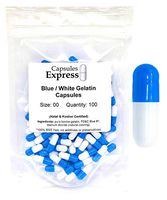 Capsules Express- Size 00 Blue and White Empty Gelatin Capsules 100 Count - Kosher and Halal Certified - Gluten-Free Pure Bovine Gelatin Pill Capsule - DIY Powder Filling