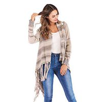 HNTDG Women Stripe Stitching Poncho Tassels Slash Shawl Hem Fringe Loose Cardigan Sweater Coat Gray