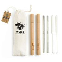 Reusable Travel Friendly Stainless Steel Metal Drinking Straws with Wood Storage Case and Cotton Straw Cleaner