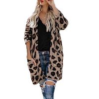 Womens Leopard Cardigans Jacket Open Front Shaggy Long Sleeve Fashion Warm Outwear Coat