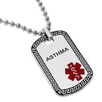 Two-Tone Stainless Steel Greek Key Medical Alert ID Dog Tag Pendant Necklace, Asthma
