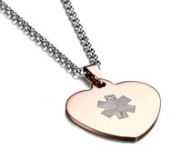 JF.JEWELRY Rose Gold-Plated Stainless Steel Heart Medical Alert Necklace for Women,Free Engraving,24 inch