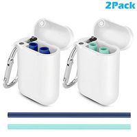 Emoly Reusable Silicone Collapsible Straws, Portable Foldable Drinking Straw with Travel Case & Cleaning Brush - 2 Pack, Blue/Teal