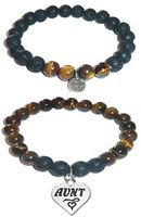 Hidden Hollow Beads Charm Tigers Eye and Black Lava Natural Stone Women's Yoga Beaded Stretch Bracelet Set. Comes in A Gift Box! (Aunt)