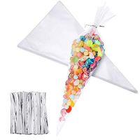 Outus 100 Piece Medium Transparent Cone Bags Clear Cello Bags Sweets Treat Bags with 100 Piece Twist Ties, 11.8 by 6.3 Inch (Silver Twist Ties)