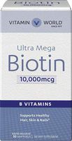 Vitamin World Ultra Mega Biotin 10,000 mcg. 50 Softgels, Vitamin B, Supports Healthy Hair, Skin and Nails, Rapid-Release, Gluten Free