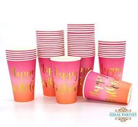 50 Count Pink to Coral Ombre with Gold! Happy Birthday Party 12oz Cups Disposable Dinner 9 inch Gold Foil on Pink toTeal Ombre Party Supplies for Baby Shower Babys 1st Birthday Unicorn Party and More