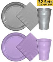 Plates, Cups, Napkins - 32 Sets - Silver & Lavender - 16 Per Color Per Item. 9" Paper Dinner Plates, 12 oz Plastic Cups, 6.5" Napkins - Disposable Dinnerware Set for Birthdays, Holidays, More