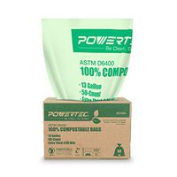 POWERTEC ASTM D6400 Certified Compostable Bags – 200 Count | 49.2 Liter - 13 Gallon Trash Bags, 0.85 Mil, US BPI and European OK Compost Home Certification - 100% Sustainable Green Products